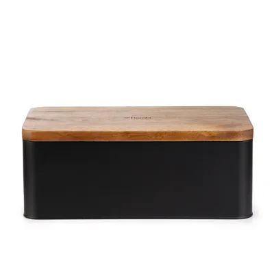 A black bread box with a wooden lid, shown from the front on a white background.