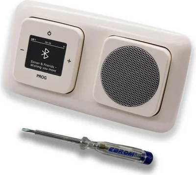 Produktbild von Busch Jäger DAB+ Unterputz Bluetooth (in and out) Radio 8217U-101 DURO2000 cremeweiß, Komplett-Set mit Lautsprecher, Abdeckungen und Rahmen + EBROM Phasenprüfer zur Montage der Geräte - 8217 U – 101
