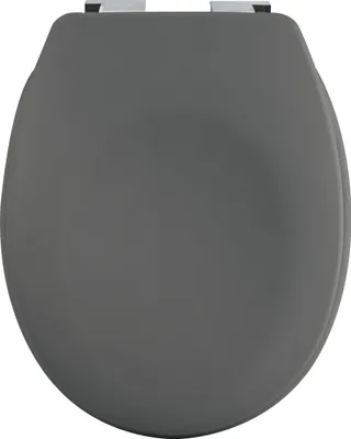 A top-down view of a closed toilet seat.