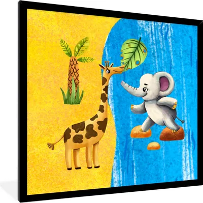 Produktbild von MuchoWow® MuchoWow® Gerahmtes Poster Elefant - Giraffe - Strand - Meer 40x40 cm - Poster mit zchwarzem Bilderrahmen - Mit Rahmen - Wanddekoration Schlafzimmer