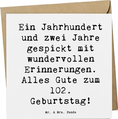 Produktbild von Mr. & Mrs. Panda Klappkarte Spruch 102. Geburtstag - Weiß - Geschenk, faltkarte, Glückwunschkarte, Lebensfreude, handgefertigte Geschenke, Alter, Grußkarte, Lebensfeier