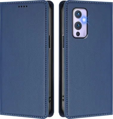Image de Etui en cuir pour OnePlus 9, étui magnétique en cuirPolyuréthaneavec support Bleu foncé
