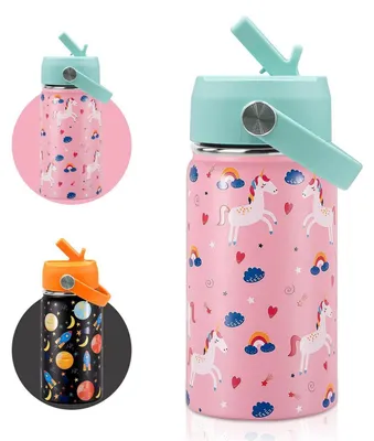Produktbild von Kinder Edelstahl Isolierte Trinkflasche 350ML mit Strohhalm Auslaufsicher Rosa Einhorn