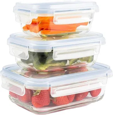Image de Boîtes rectangulaires en verre pour congélateur et micro-ondes - Lot de 3 boîtes bleues pour repas avec couvercle