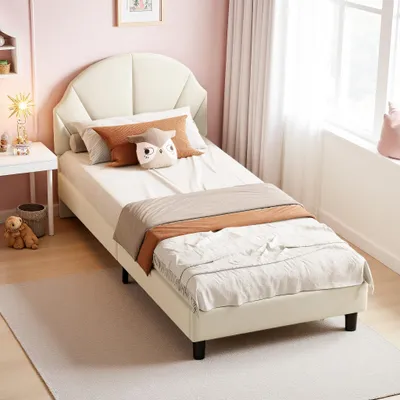 Zdjęcie produktu dla Łóżko tapicerowane INONEFT, rozmiar 90x190 cm, łóżko dla dziewczynki z listwowym materacem, jednoosobowe łóżko, łóżko młodzieżowe do pokoju dziecięcego, obite tkaniną welurową, kolor beżowy