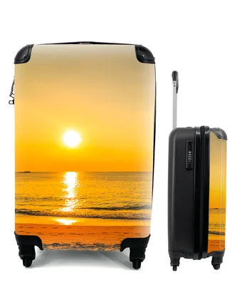Produktbild von MuchoWow® Koffer Handgepäck Trolley Rollkoffer Kleine Reisekoffer mit 4 Rollen - Palme - Strand - Sonnenuntergang - Meer - Cabin Size < 55x40x23 cm & 55x40x20 cm - Fotokoffer - Kabinenkoffer - Boardgepäck - Reise-Box - Reisekoffer - Reisegepäck - Koffer mit Bild - Trolley für Kinder