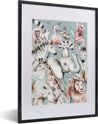 Produktbild von MuchoWow® MuchoWow® Gerahmtes Poster Wasserfarben - Tiere - Flamingo - Elefant - Jungen - Blau - Kinder - Kind 30x40 cm - Poster mit zchwarzem Bilderrahmen - Wandposter Schlafzimmer