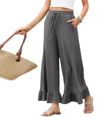 Produktbild von ASKSA Damen Sommerhose Laenge Weites Bein Sommer Hose mit Rueschensaum Solid Color Casual Pants High Waist Casual (Grau,XL)