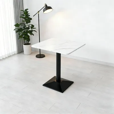 Produktbild von Gastronomiemöbel, Esstisch, Cafétisch, Metall-Sockel, Weiß-Schwarz, quadratische Sinterstein-Tischplatte 60×60×75 cm 【YB-FB65】