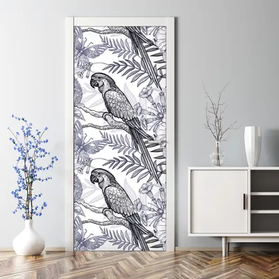 Produktbild von Dekorative Türtapete selbstklebend Klebefolie Türposter Türaufkleber Papageien und Blumen 77 x 200 cm