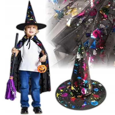 Obrázok produktu pre KRUMAD Halloweenský kostým: čarodejnícky klobúk a plášť 80 cm s kapucňou - uni pre deti a dospelých, čierny plášť s farebnými halloweenskými motívmi