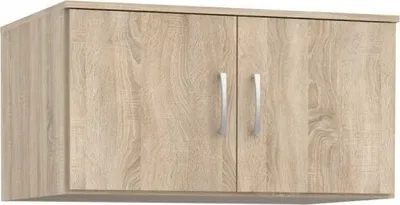 A wall-mounted cabinet with two doors and silver handles.