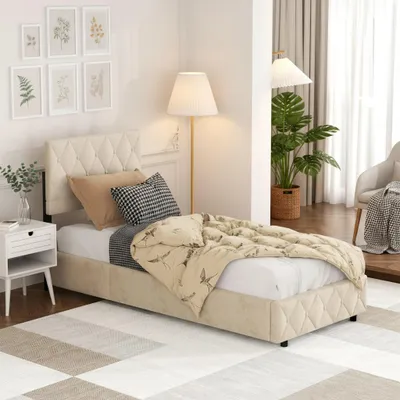 A bedroom scene with a single bed, nightstand, and floor lamp.