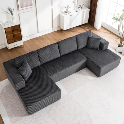 Image de OKWISH Canapé Modulable U - Méridienne Design en Velours Côtelé Gris, Confort Moderne pour Salon