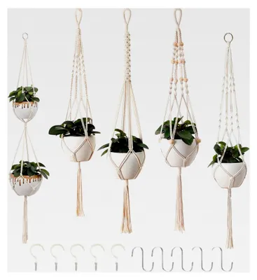 Produktbild von 5er Set Makramee Blumenampel, Boho Deko aus Baumwollseil für Innen- und Außenbereich