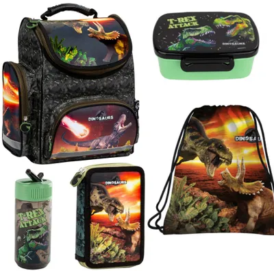 Produktbild von 5 tlg. Schulranzen Set Tornister Dinosaurier Motiv Dino Turnbeutel Brotdose Trinkflasche