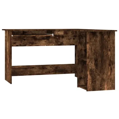 A wooden corner desk shown from a side-front angle against a white background.
