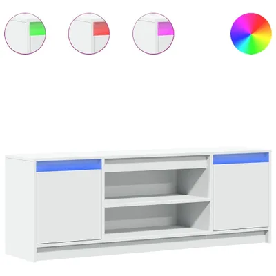 A white TV stand with blue LED lighting, shown against a white background. Three circular insets show close-ups of the LED lighting in green, red, and purple, and a color wheel graphic is also present.
