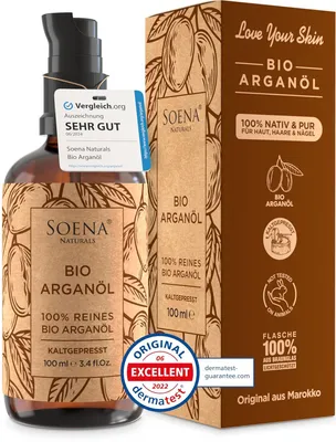 Produktbild von ARGANÖL BIO KALTGEPRESST | 100% Rein | Für Haare Haut & Nägel | Pipette+Pumper | Original aus Marokko | 100ml im lichtgeschützten Braunglas | Soena