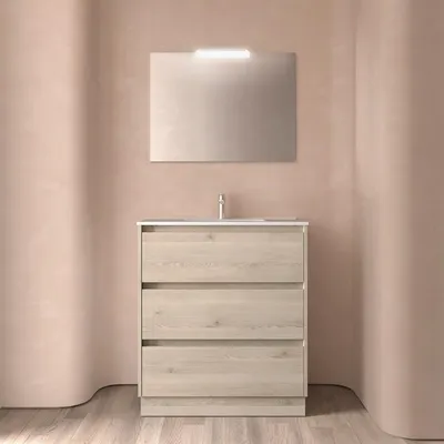 Image de Ensemble complet BALTIC 800 : 3 tiroirs, finition naturelle, meuble-lavabo, miroir et éclairage