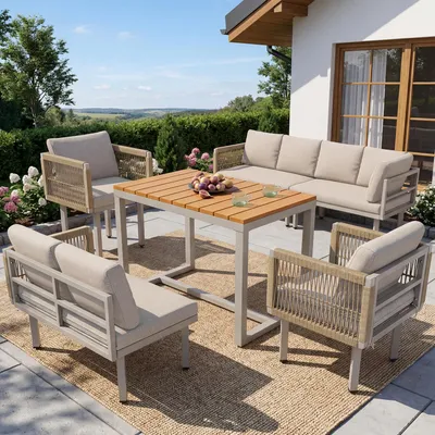 Produktbild von MODFU Gartenlounge-Set,6 teilig,Gartenmöbel-Set mit Seilgeflecht-Design & Stahlgestell,Lounge Gartenmöbel mit Ecksofa,2 Sesseln & Tisch,Beige
