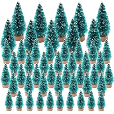 Image de Mini sapin de Noël artificiel, lot de 50, tailles 3,5/4,5/6,5/8,5 cm, avec socle en bois et effet neige