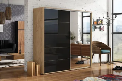 Produktbild von Kleiderschrank mit Spiegel 100/245 EDUARDO – Eiche Craft Gold / schwarz glänzend