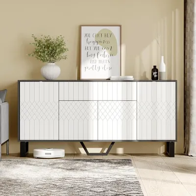 Image de Buffet blanc, 1 tiroir, 4 portes, design moderne, dimensions : 160 x 40 x 77,5 cm, en MDF