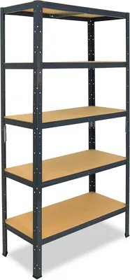 A five-tier metal shelving unit with wooden shelves, shown against a white background.
