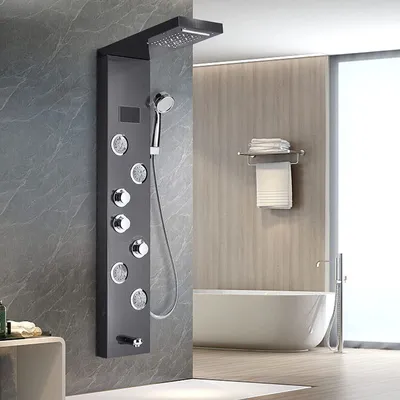 Produktbild von LED Duschpaneel Tower System, LED-Duschsäule aus Edelstahl, Regen- und Wasserfallkopf, Massagedüsen, Wanneneinlauf, Handbrause, Schwarz