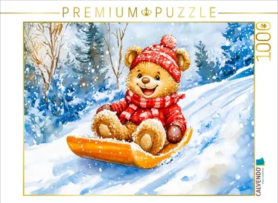 Produktbild von CALVENDO Puzzle Teddy rodelt mit Schlitten im Winter | 1000 Teile Lege-Größe 64x48cm Foto-Puzzle für glückliche Stunden