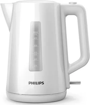 A close-up studio shot of a white Philips electric kettle.