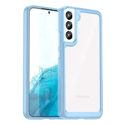 A blue and clear phone case with a Samsung phone inside, shown against a white background.