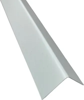 A close-up, angled view of a silver metal corner profile against a white background.