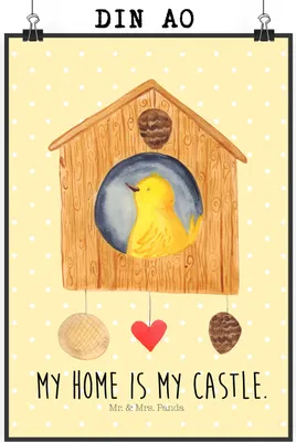 Produktbild von Mr. & Mrs. Panda Bild Vogel Haus DIN A0 - Gelb Pastell - Geschenk, Castle, Vögel, drucke, Kunstdruck, Lustige Sprüche, Plakat, Familie, Zuhause, wanddeko, Wandbild