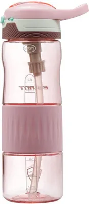 Produktbild von Famanu Trinkflasche mit Strohhalm - 600 ml, rosa, mit Zeitmarkierungen