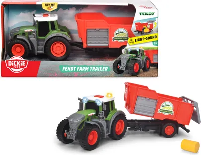A toy tractor and trailer set, shown both in its packaging and as a standalone product.
