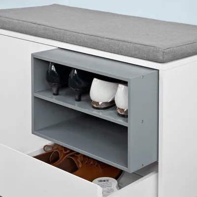 Image de Armoire à chaussures avec coussin d'assise - 80x46x35 cm - Blanche - Banc - Étagère debout