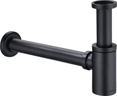 A black siphon for a washbasin, mounted on a white background.