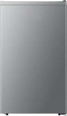 A full front view of a silver mini-fridge.