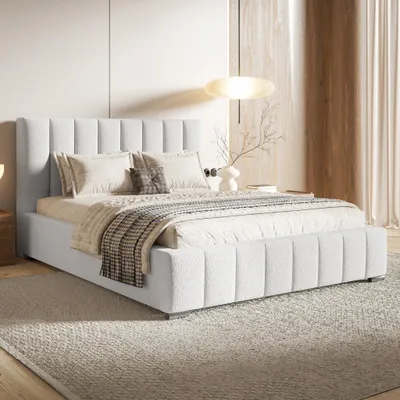 Produktbild von MOTIVENA Vigo Polsterbett 200x200 mit Bettkasten, Metall Lattenrost, Bett 200x200 Weiß Boucle (Catch Me 01)