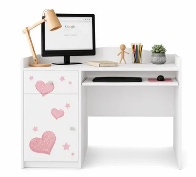 Immagine prodotto di Scrivania bianca per bambini "Happy B04" | Scrivania per PC con ripiano estraibile | Postazione di studio moderna per i compiti e la didattica a distanza, cuori