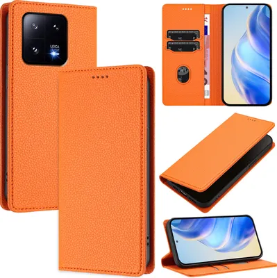 Produktbild von Litchi Leder Handyhülle für Xiaomi 13 Pro Wallet Kartenfächer Standfunktion Hülle Orange