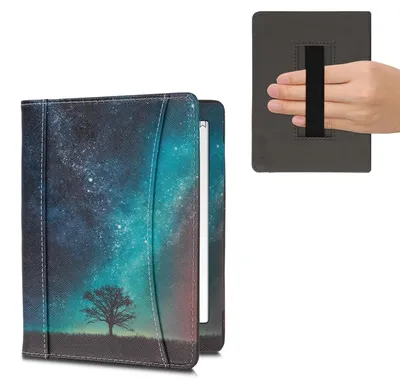 Produktbild von kwmobile Flip Hülle kompatibel mit Kobo Aura H2O Edition 2 - Vorderfach Handschlaufe - Galaxie Baum Wiese Blau Grau Schwarz