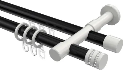 Produktbild von Interdeco Rundrohr-Innenlaufstange / Gardinenstange (Kombination) Schwarz / Weiß, Typ Prestige Estana (Glitzerkappe), 20 mm Ø 2-läufig, 240 cm