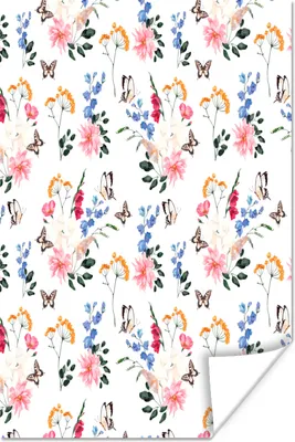 Produktbild von MuchoWow® Poster Blumen - Schmetterlinge - Collage 60x90 cm - Wanddekoration