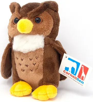 A plush owl toy with a tag attached.