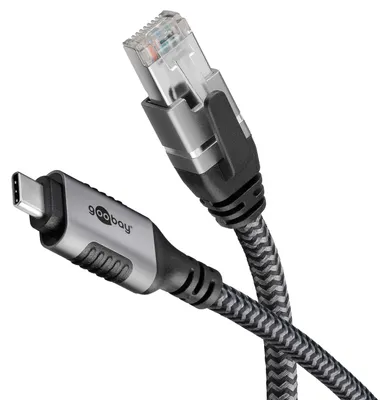 Produktbild von Ethernet-Kabel USB-C 3.2 Gen2 Stecker > RJ-45 Stecker (schwarz/silber, 1 Meter, geflochtener Textilmantel)
