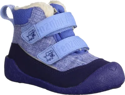 A single blue and purple winter boot for children.