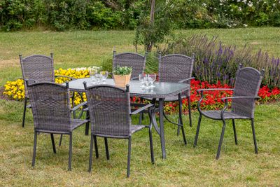 Merxx Gartenmöbelset "Roma" 7tlg. mit Tisch 150 x 80 cm - Aluminiumgestell Graphit mit Kunststoffgeflecht Grau
